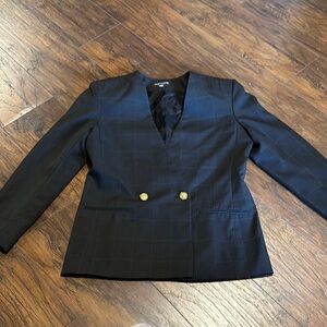 Vintage Stripe Plaid Women's Black/Blue Double-Breasted Blazer With Gold Buttons